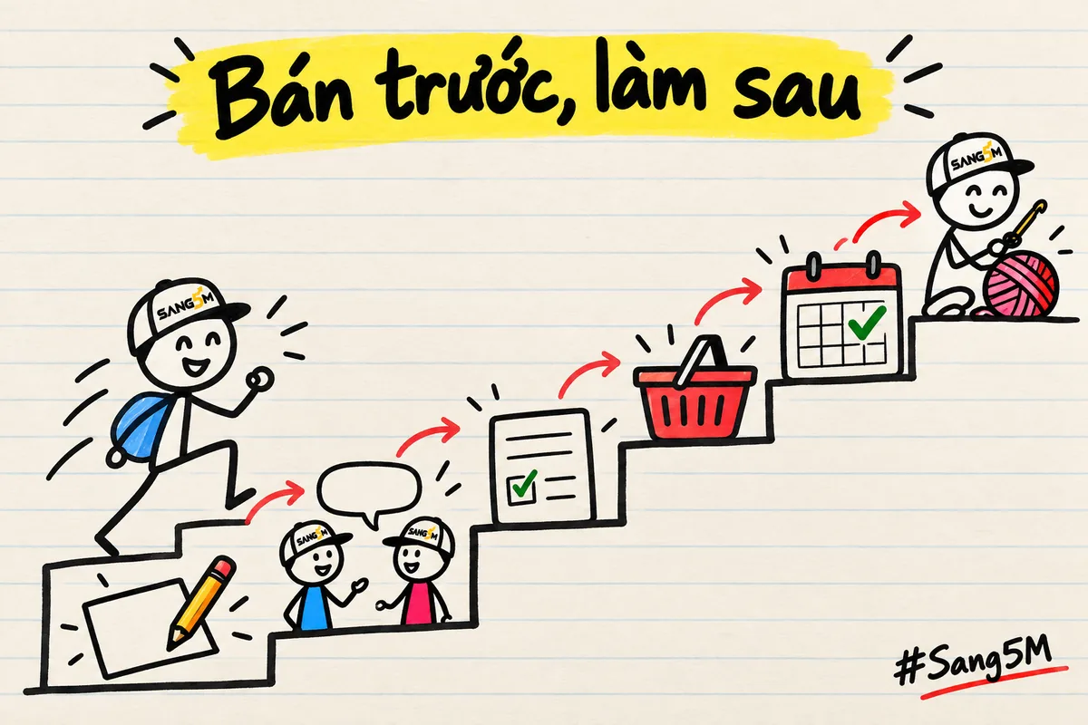 Các bậc thang đi lên, mỗi bậc một biểu tượng, cuộn len và kim móc ở bậc cuối, minh hoạ bán trước, làm sau.