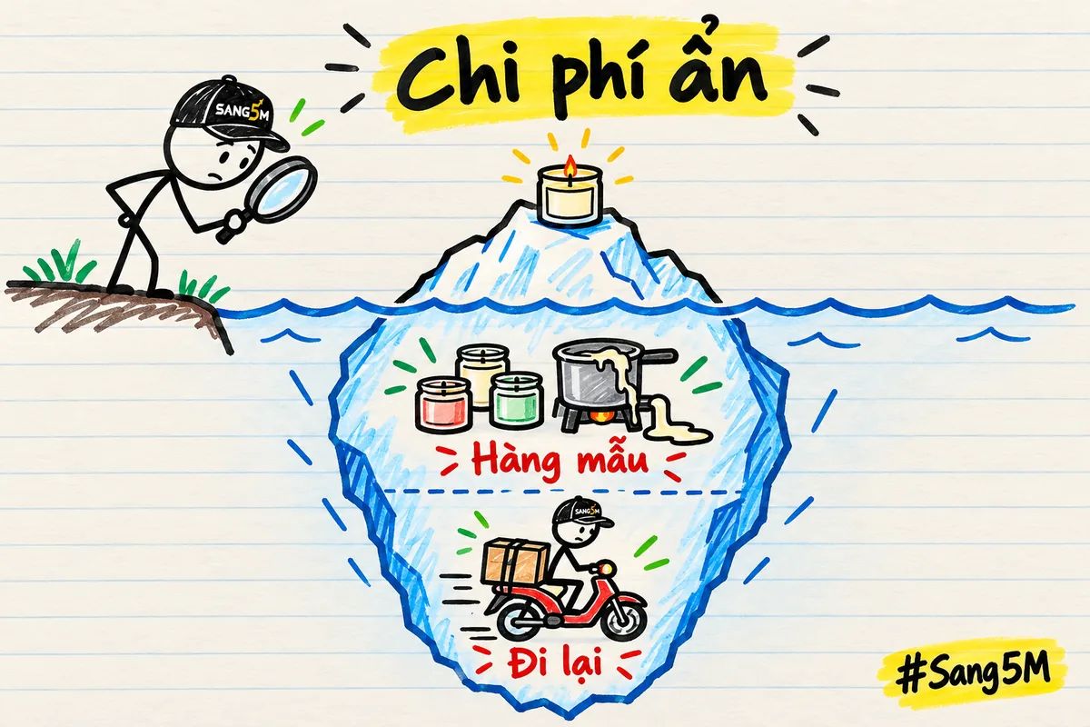 Tảng băng trôi với hũ nến thơm trên đỉnh, phần chìm dưới nước là chi phí ẩn gồm hàng mẫu và đi lại.