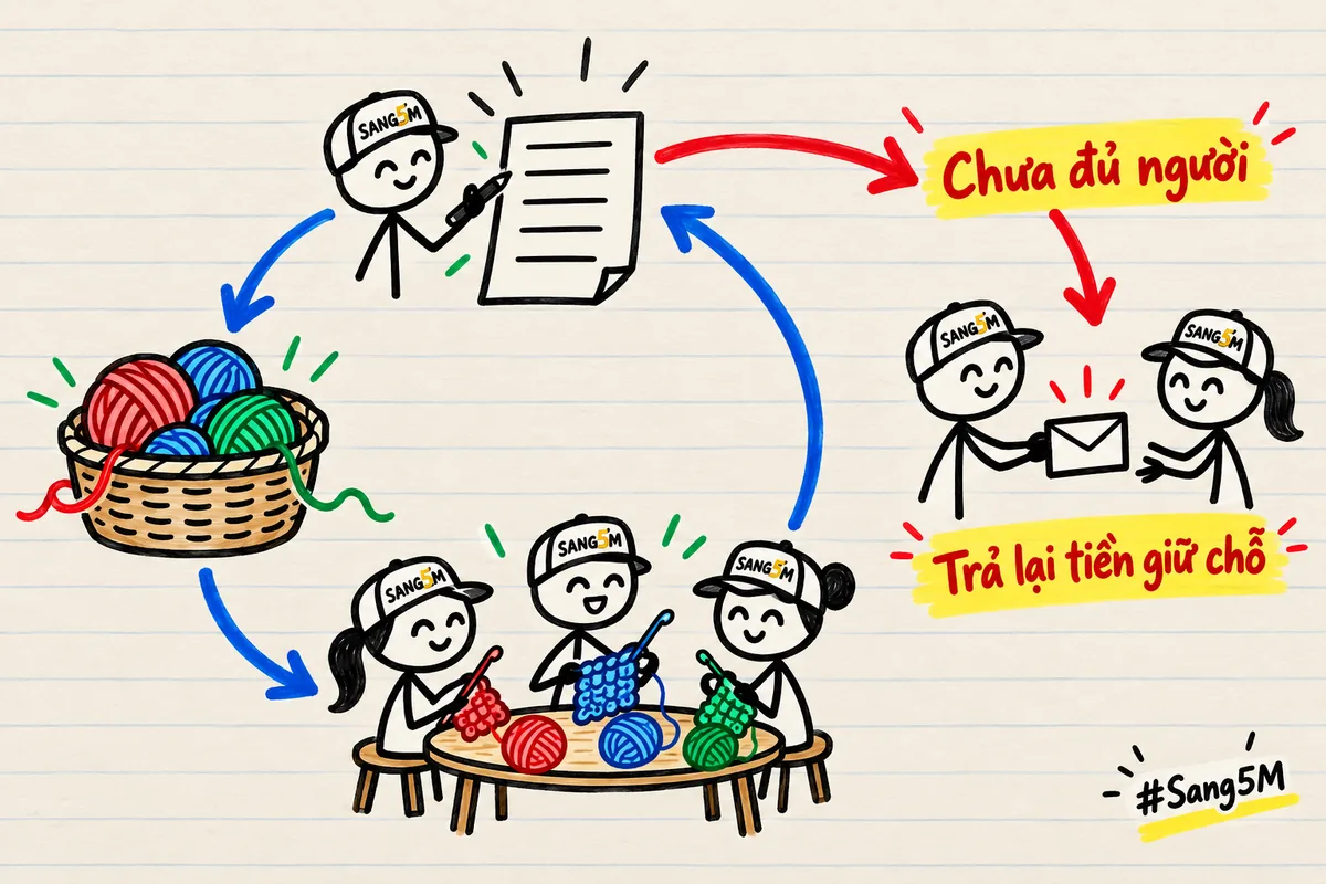 Mũi tên vòng từ phiếu đặt tới giỏ len và lớp học, nhánh phụ chưa đủ người dẫn tới trả lại tiền giữ chỗ.