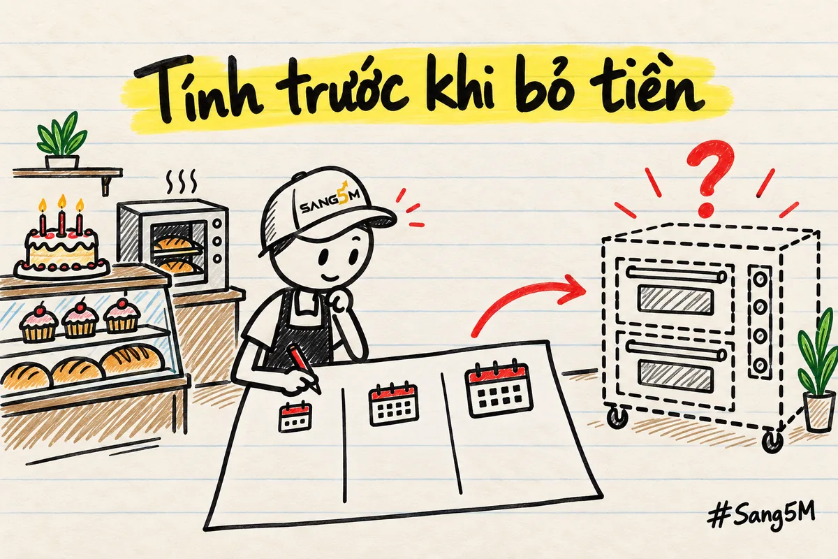 Chủ tiệm bánh ghi bảng tính tay ba cột thời gian trước khi mua lò nướng to, ý tính trước khi bỏ tiền.
