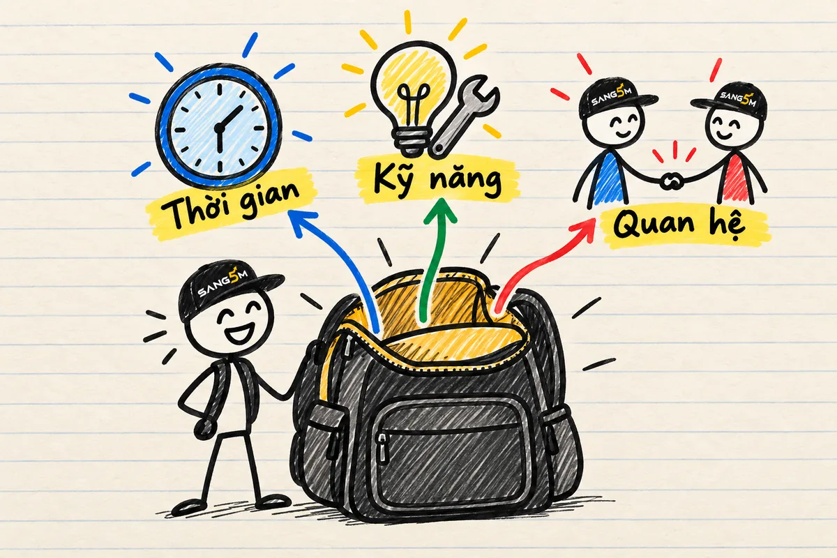 Chiếc ba lô mở ra với đồng hồ, bóng đèn ý tưởng và hai người bắt tay, ba thứ vốn thật khi chưa có tiền.