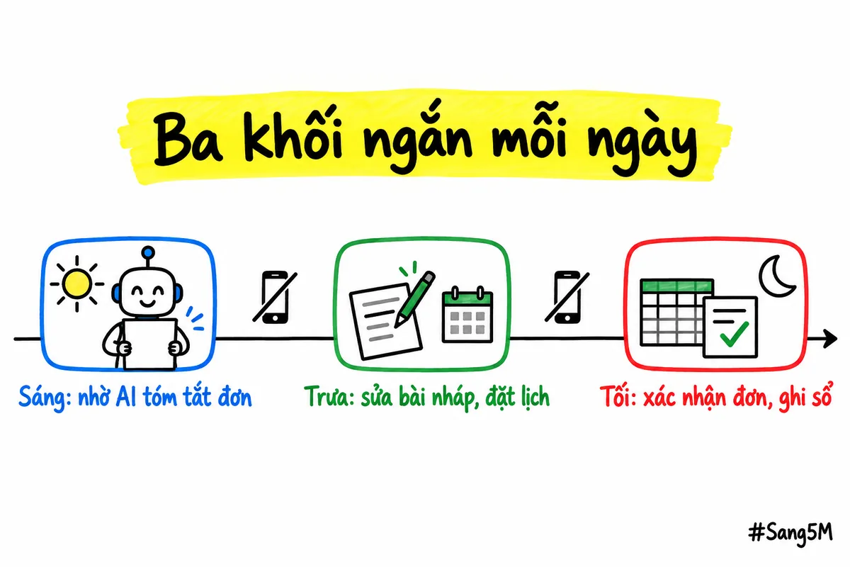 Một ngày chia thành ba khối ngắn và cố định, mỗi khối một việc, ngoài ba khối đó thì không mở điện thoại.