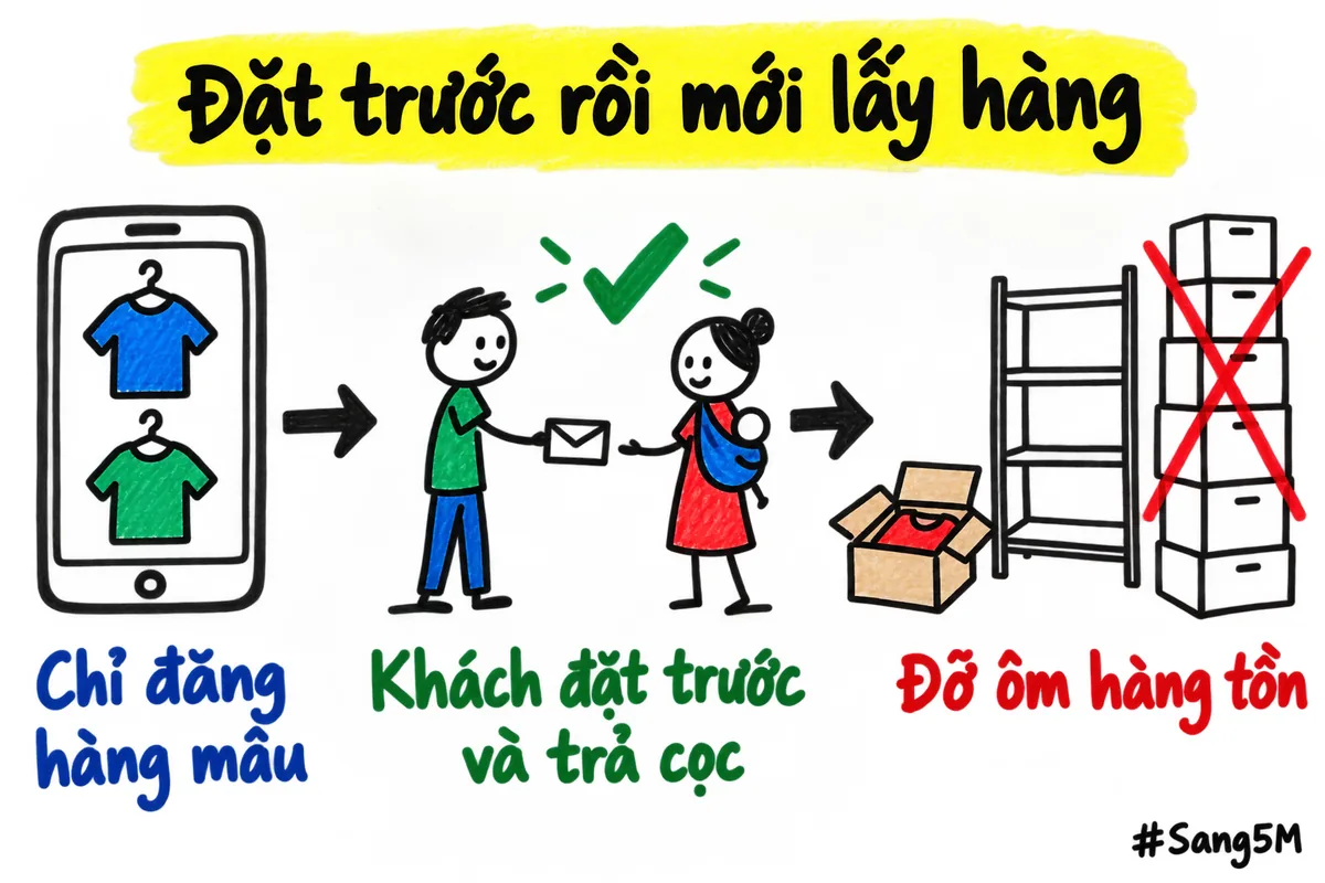 Cách bán quần áo trẻ em bằng hàng mẫu, khách đặt trước và trả cọc thì mẹ mới đi lấy hàng.