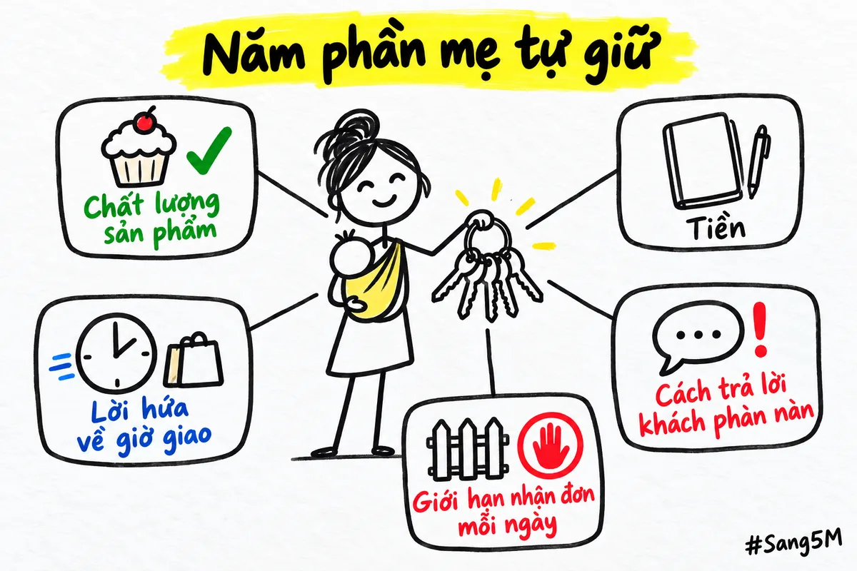 Năm phần mẹ không giao cho ai, gồm chất lượng, tiền, lời hứa giờ giao, cách trả lời và giới hạn đơn.