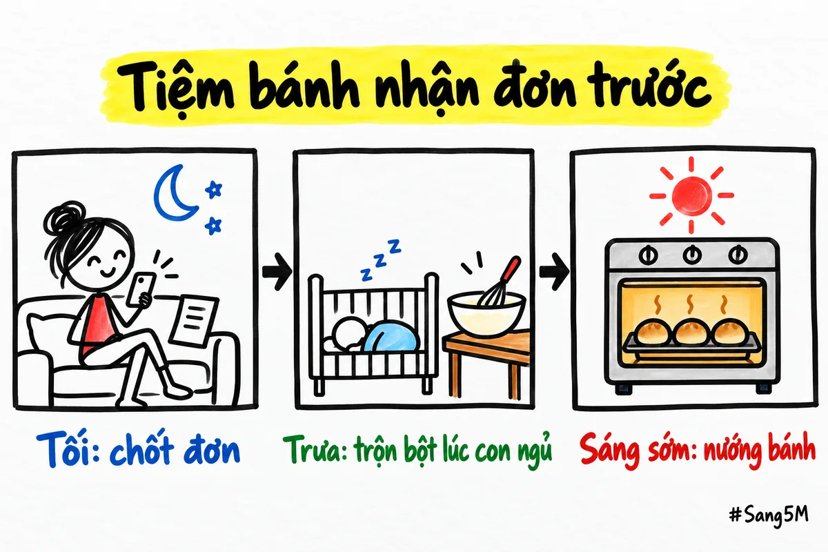 Một đơn bánh chia thành ba mẩu việc, chốt đơn buổi tối, trộn bột lúc con ngủ trưa và nướng vào sáng sớm.