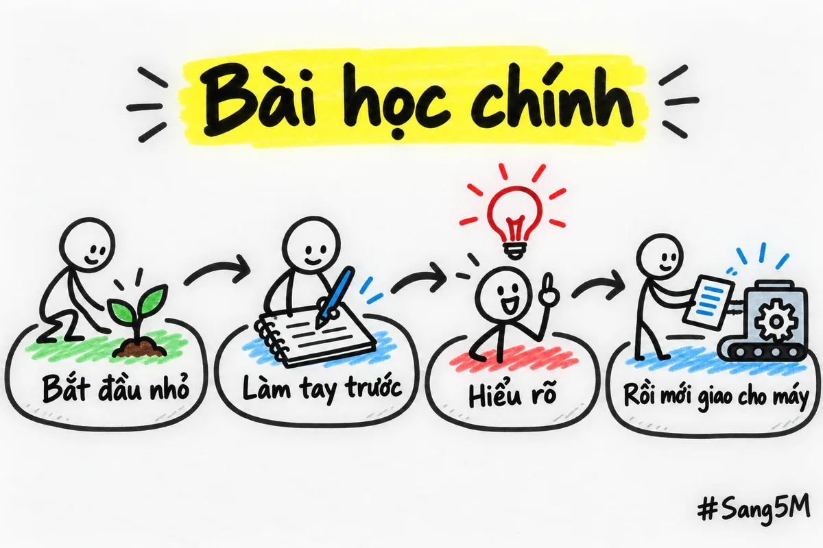Bài học chính nối bốn bước từ bắt đầu nhỏ đến giao việc cho máy khi đã hiểu rõ.