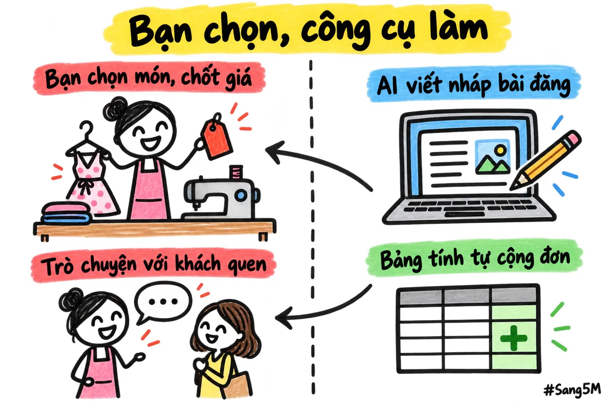 Khởi nghiệp một mình: bạn giữ việc chọn và chốt, công cụ lo phần viết nháp và cộng đơn.