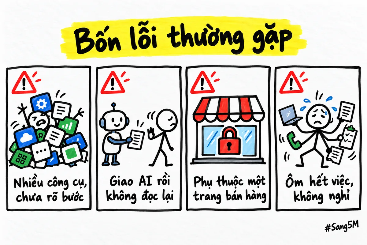 Bốn lỗi thường gặp: nhiều công cụ, giao AI không đọc lại, phụ thuộc một trang bán, ôm hết việc.