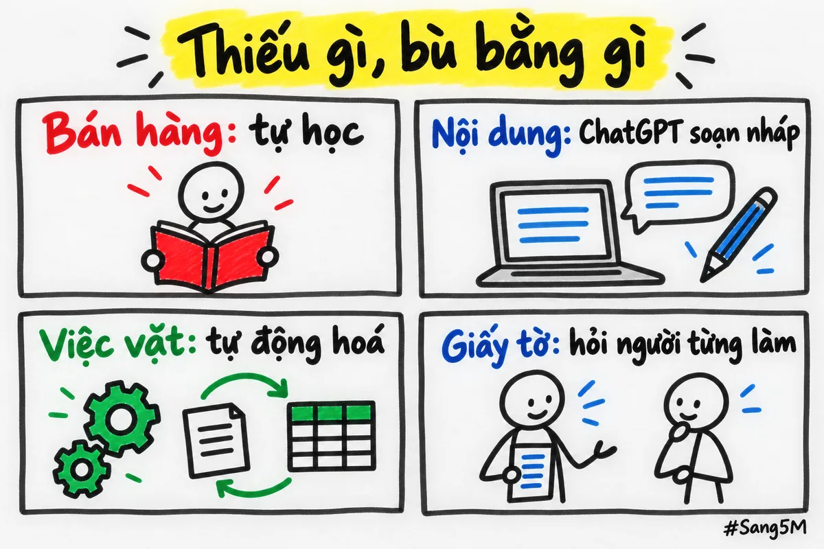 Bốn chỗ thiếu khi làm một mình, mỗi chỗ có một cách bù riêng bằng học, AI, tự động hoá hoặc hỏi người.