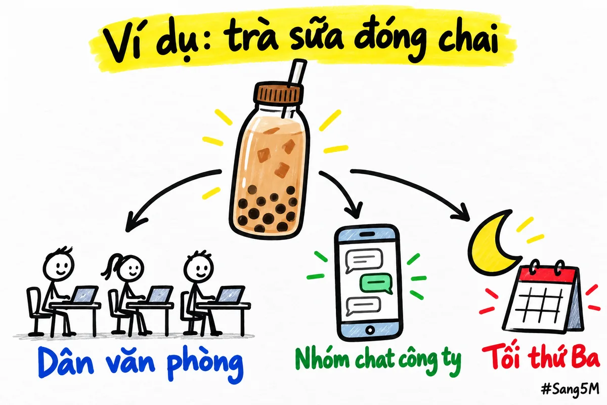 Ví dụ bán trà sữa đóng chai: khách là dân văn phòng, gặp qua nhóm chat, làm vào tối thứ Ba.