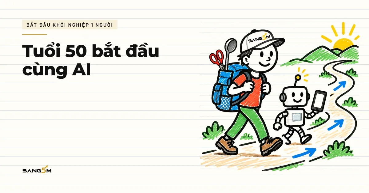 Người que đội nón SANG5M đeo ba lô cắm cây kéo và cái muôi, bước lên con đường mới, robot nhỏ cầm điện thoại đi cạnh