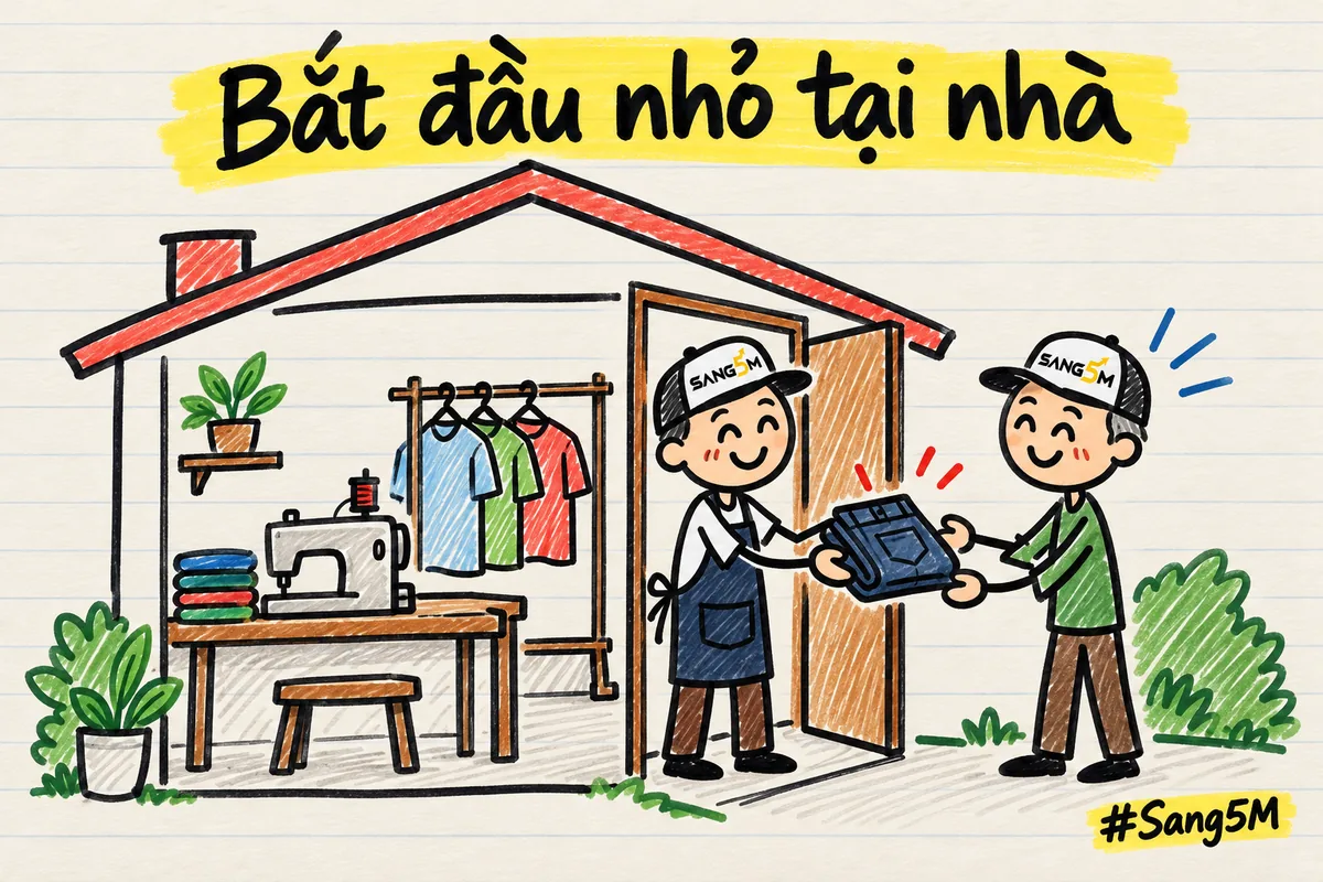 Góc nhỏ trong nhà có máy may và giá treo vài bộ quần áo, người thợ may đội nón nhận đồ sửa từ hàng xóm.