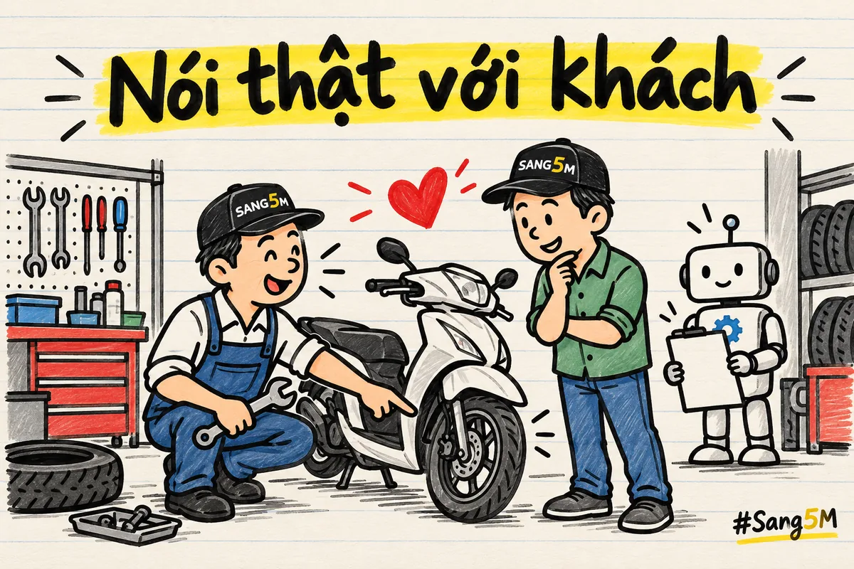 Chủ tiệm sửa xe đội nón chỉ vào bánh xe nói thật với khách, giữa hai người có trái tim đỏ, robot cầm tờ báo giá.