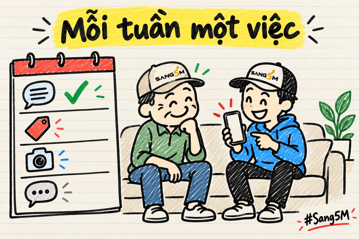 Tờ lịch có bốn dòng việc nhỏ, dòng đầu đã tích xanh, người đội nón ngồi bên người cháu đang chỉ cách bấm điện thoại.