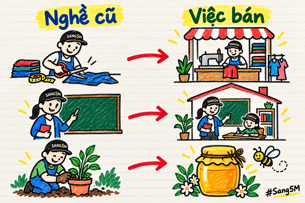 Ba mũi tên nối nghề cũ sang việc bán: cây kéo sang tiệm may, bảng đen sang lớp dạy kèm, chậu cây sang hũ mật ong.