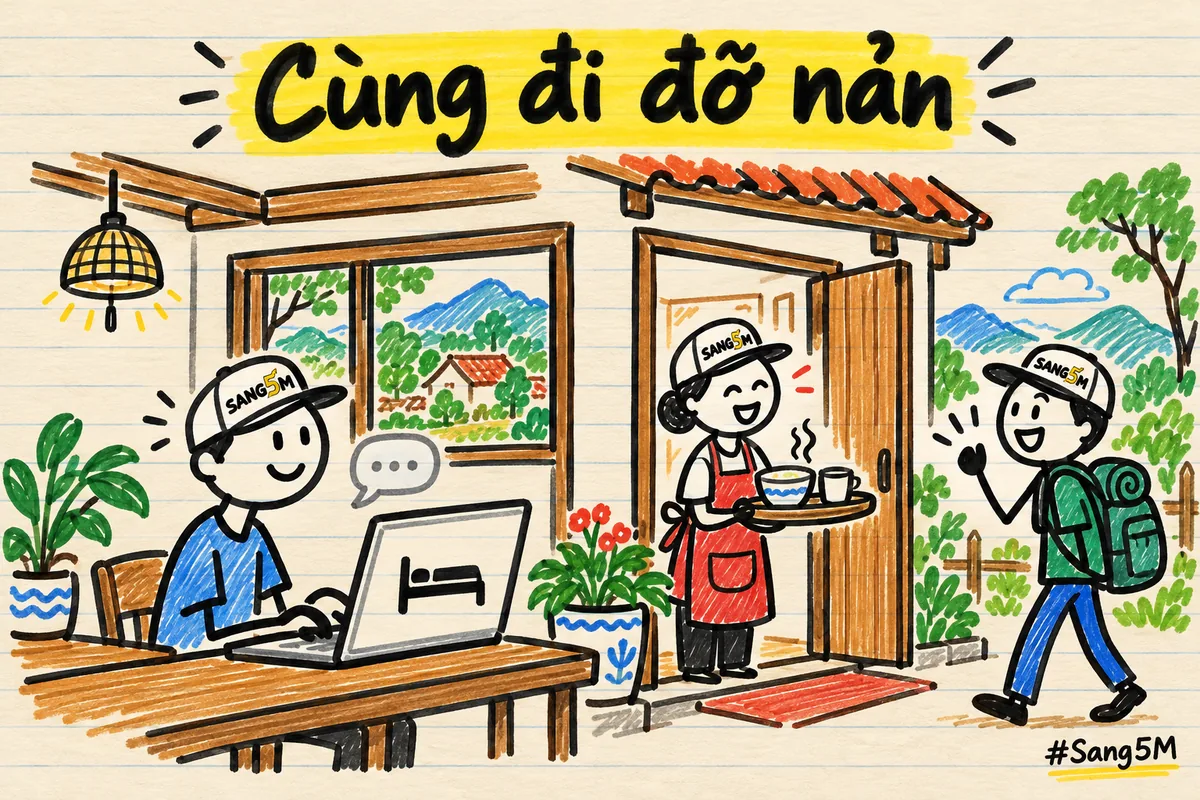 Người con đội nón ngồi máy tính dựng trang đặt phòng, chủ nhà nghỉ đội nón đứng ở cửa đón khách, tay cầm khay bữa sáng.