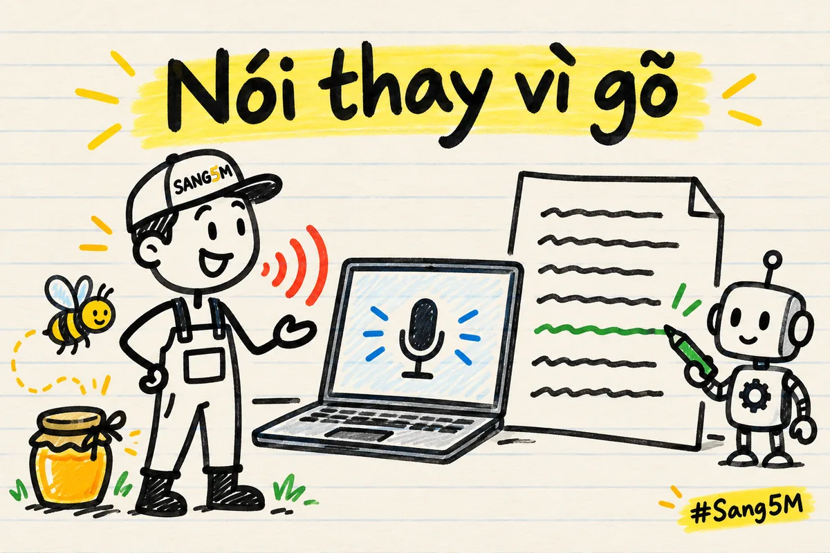 Chủ vườn mật ong đội nón nói vào máy tính, chữ hiện dần trên trang giấy, robot nhỏ cầm bút sửa câu cho gọn hơn.