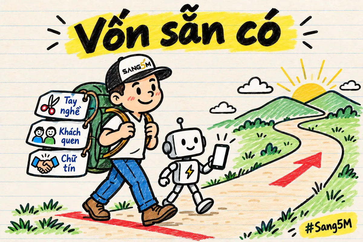 Người que đội nón đeo ba lô ghi tay nghề, khách quen, chữ tín, bước qua vạch xuất phát cạnh một robot nhỏ cầm điện thoại.