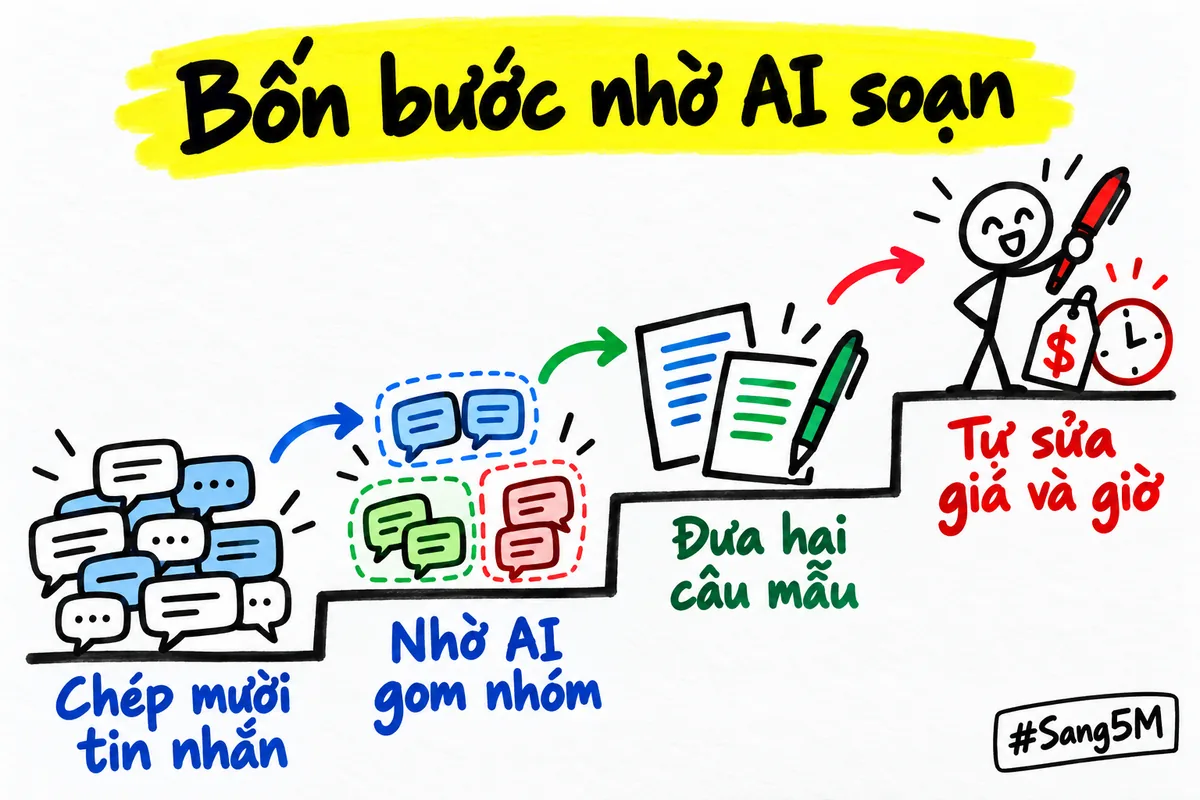 Bốn bước xếp theo bậc thang, từ chép tin nhắn khách đến tự sửa giá và giờ cho đúng.