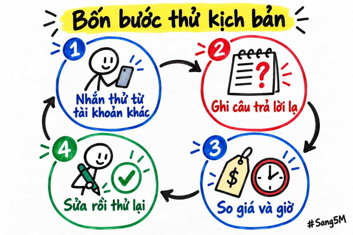 Vòng bốn bước tự nhắn thử, ghi chỗ lạ, so giá giờ rồi sửa và thử lại.