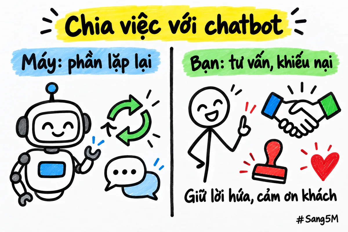 Hai cột chia việc: máy lo câu lặp lại, người bán giữ tư vấn, khiếu nại và khách quen.
