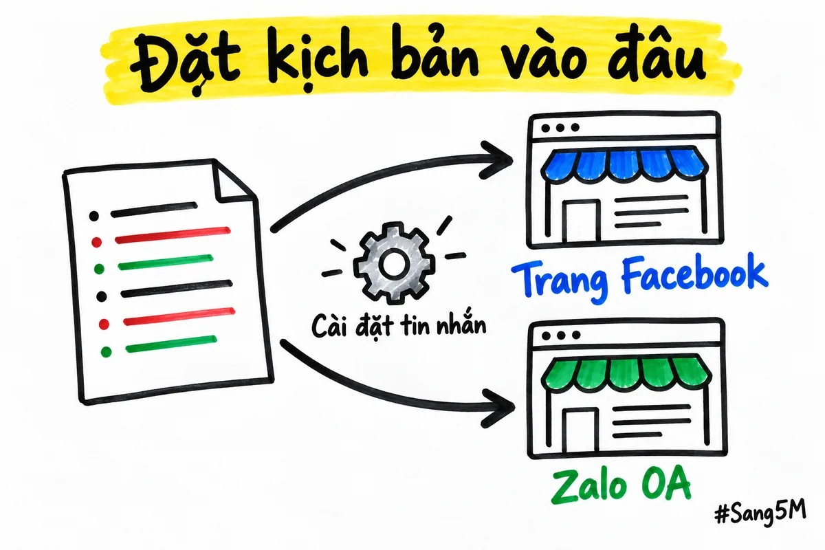 Kịch bản đi từ tờ giấy vào phần cài đặt tin nhắn của Trang Facebook hoặc Zalo OA.