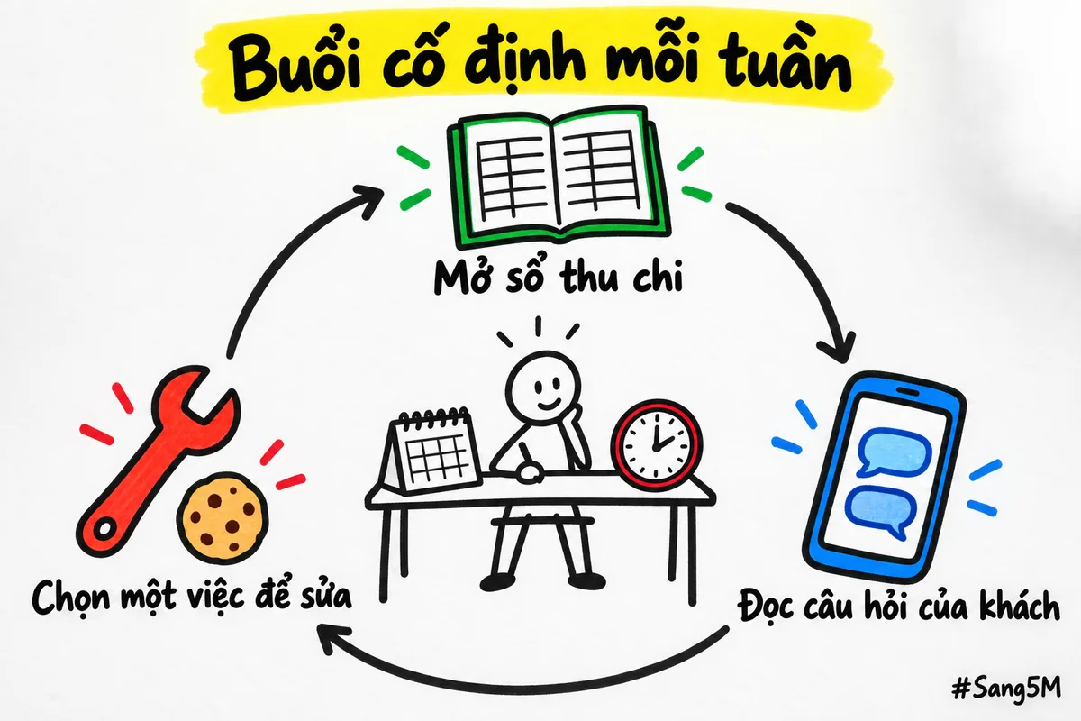 Vòng lặp mỗi tuần gồm ba việc nối nhau trong một buổi cố định.