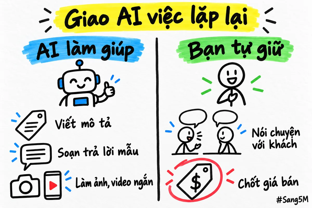 Hai cột chia việc cho người mới: AI làm phần lặp lại, bạn giữ việc nói chuyện với khách và giá.