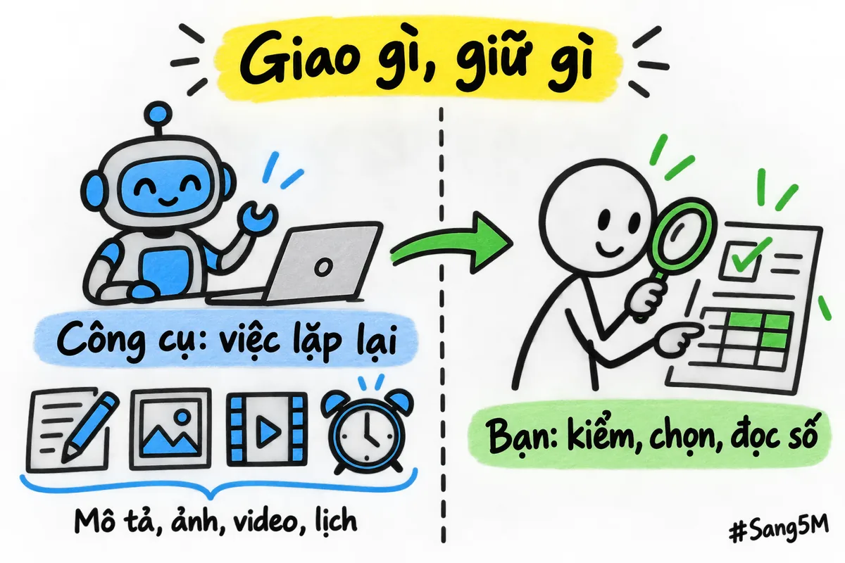Hai cột chia việc: công cụ làm phần lặp lại, bạn giữ phần kiểm, chọn và đọc số.