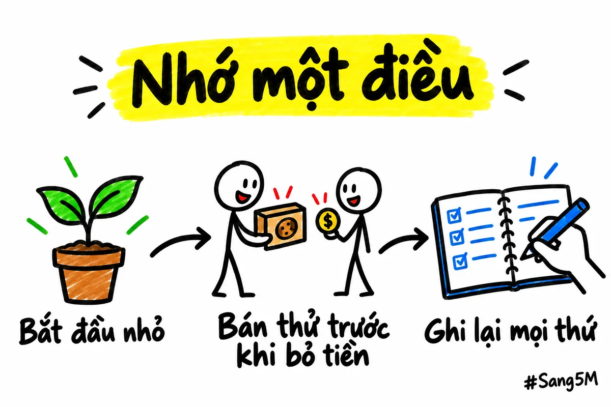 Ba điều cần nhớ nối nhau: bắt đầu nhỏ, bán thử trước khi bỏ tiền, ghi lại đều đặn.