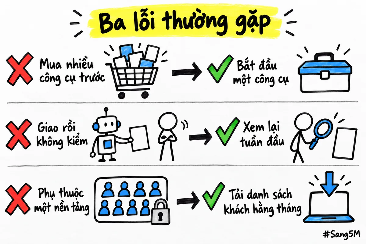 Ba lỗi người mới hay gặp và cách tránh: bắt đầu một công cụ, xem lại kết quả tuần đầu, tải danh sách khách về hằng tháng.