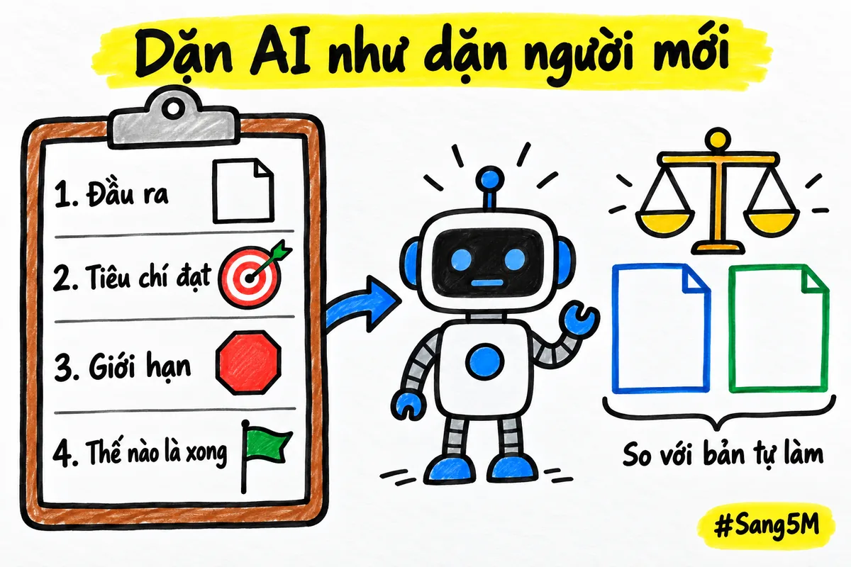 Lời dặn cho trợ lý AI gồm đầu ra, tiêu chí đạt, giới hạn và thế nào là xong, rồi so kết quả với bản tự làm.