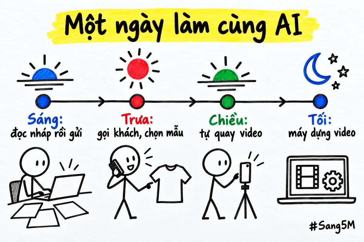 Một ngày chia theo buổi: sáng đọc nháp rồi gửi, trưa gọi khách và chọn mẫu, chiều quay video, tối máy dựng video.