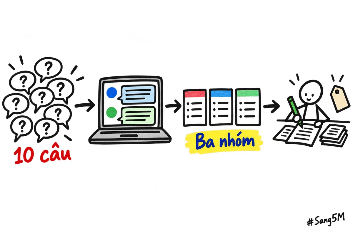 Dán 10 câu khách hỏi vào ChatGPT để gom thành ba nhóm và soạn nháp, rồi sửa cho đúng giá.