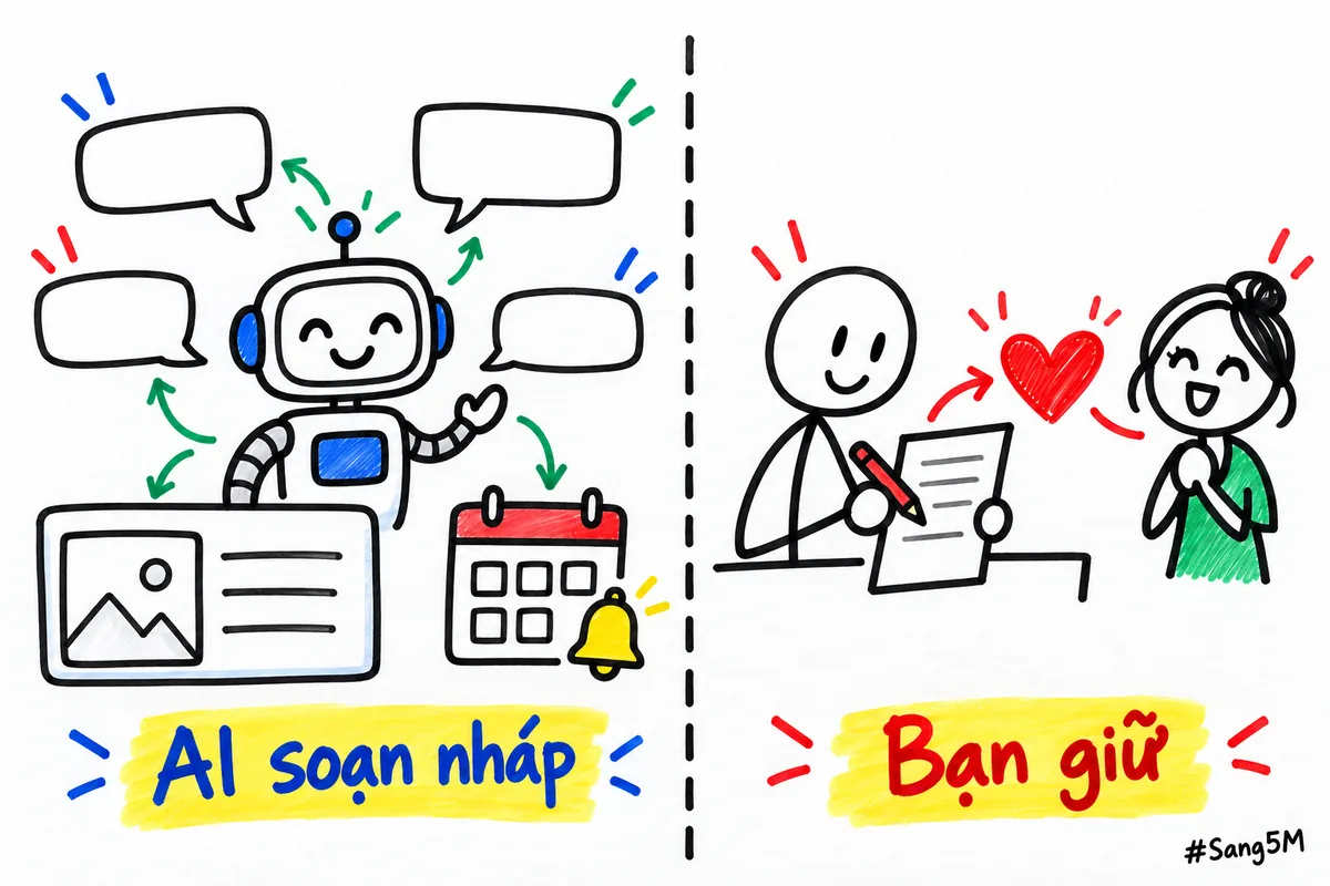 Hai cột chia việc: AI soạn nháp tin trả lời, mô tả, nhắc lịch, còn bạn quyết cách trả lời cho đúng khách.