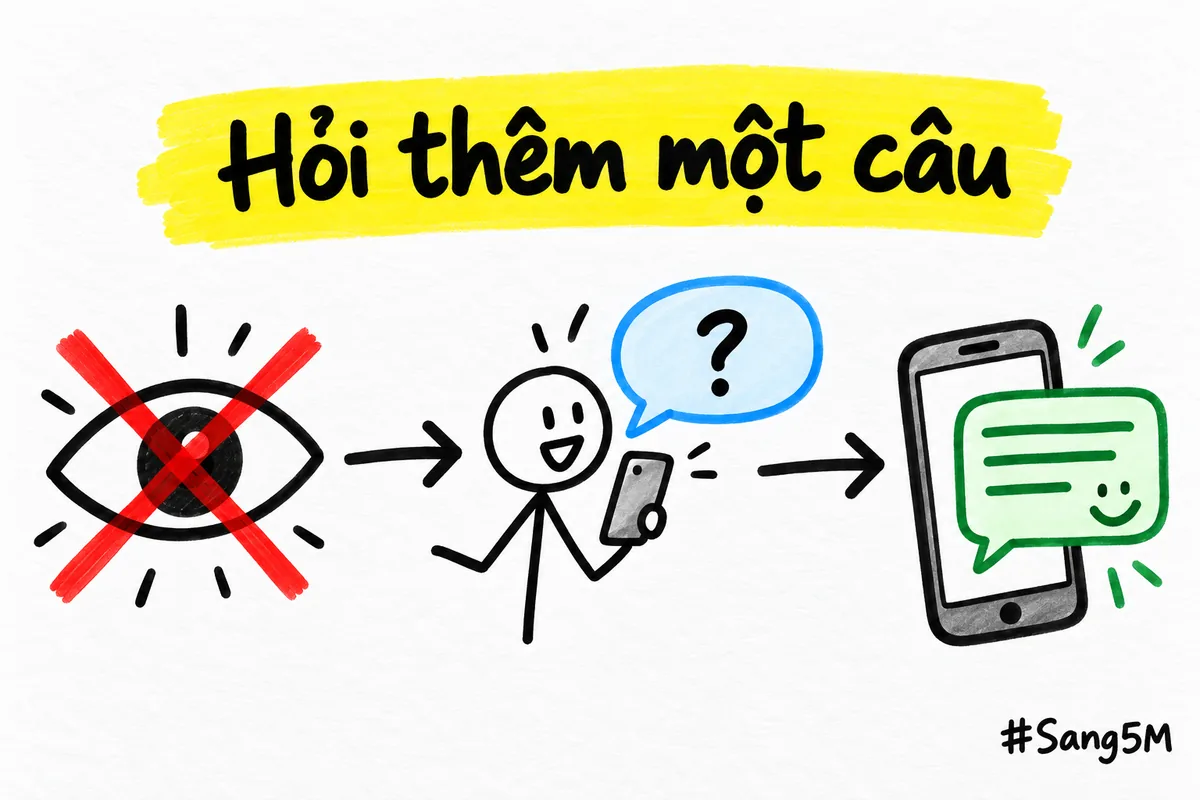 Không thấy ánh mắt khách, người bán hỏi thêm một câu nhẹ để khách nói ra điều đang cân nhắc.