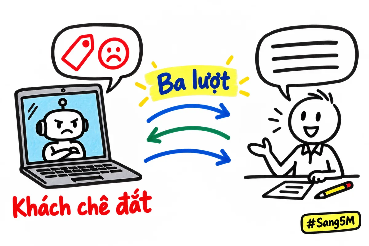 Nhờ AI đóng vai khách chê đắt, trả lời ba lượt rồi sửa lại câu của mình.