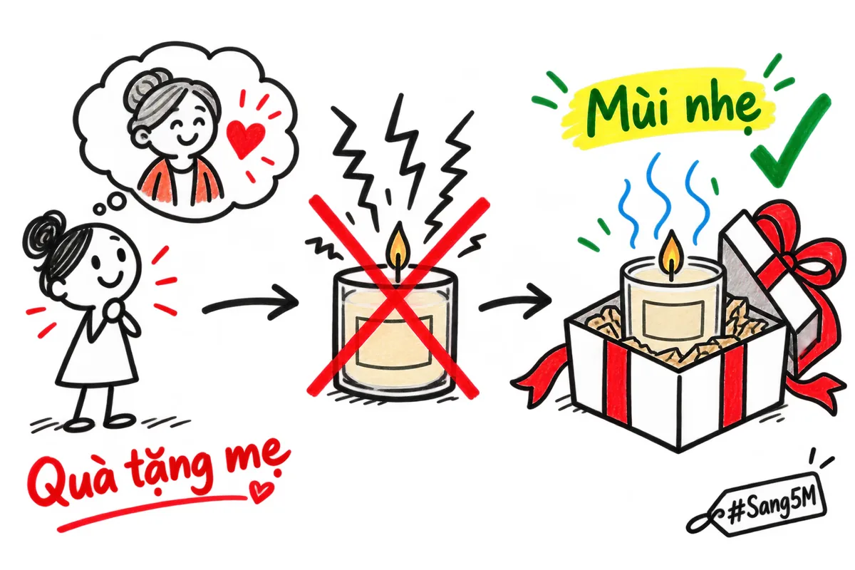 Hỏi ra khách mua quà tặng mẹ, mẹ không thích mùi gắt, nên giới thiệu một mùi nhẹ kèm gói quà.