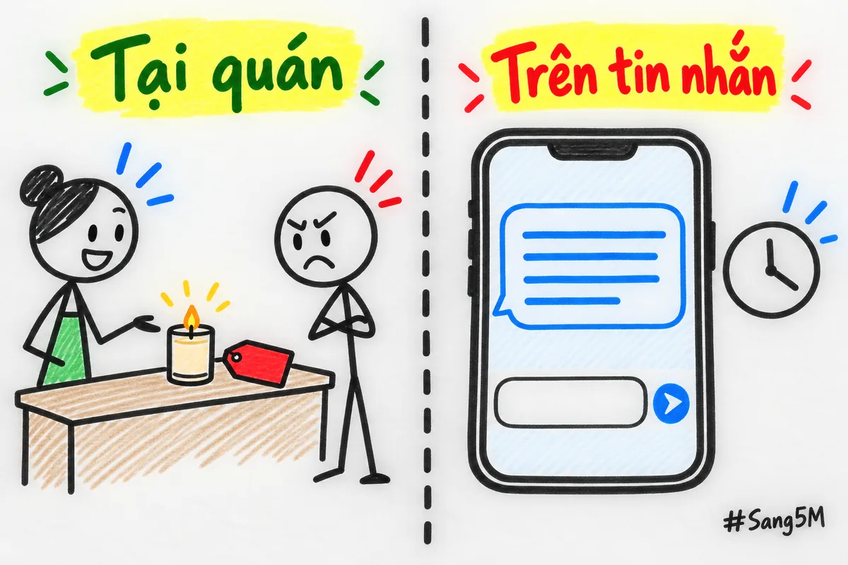 Ở quán người bán thấy nét mặt khách khi nghe giá, còn trên tin nhắn khách chỉ im lặng.