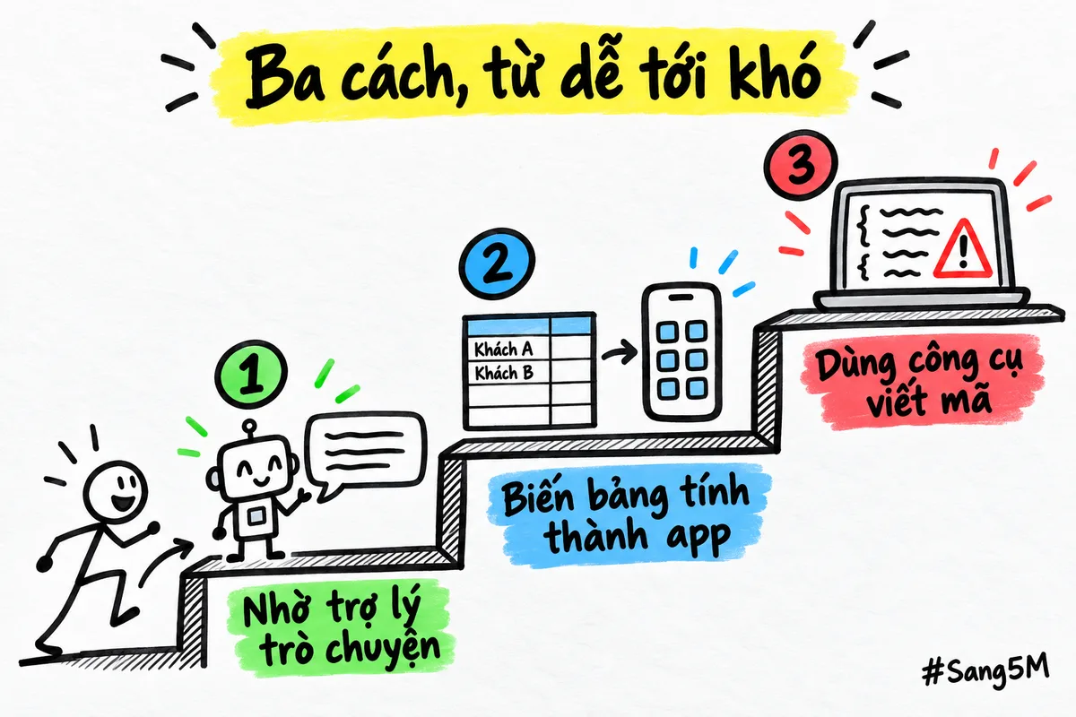 Bậc thang ba cách làm app, từ nhờ trợ lý trò chuyện tới dùng công cụ viết mã