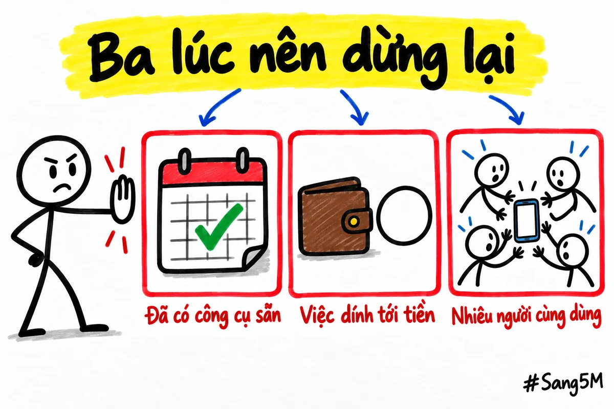 Ba thẻ dừng màu đỏ: đã có công cụ sẵn, việc dính tới tiền, nhiều người cùng dùng