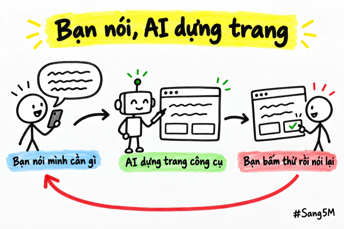 Vòng ba bước: bạn nói mình cần gì, AI dựng trang công cụ, bạn bấm thử rồi nói lại