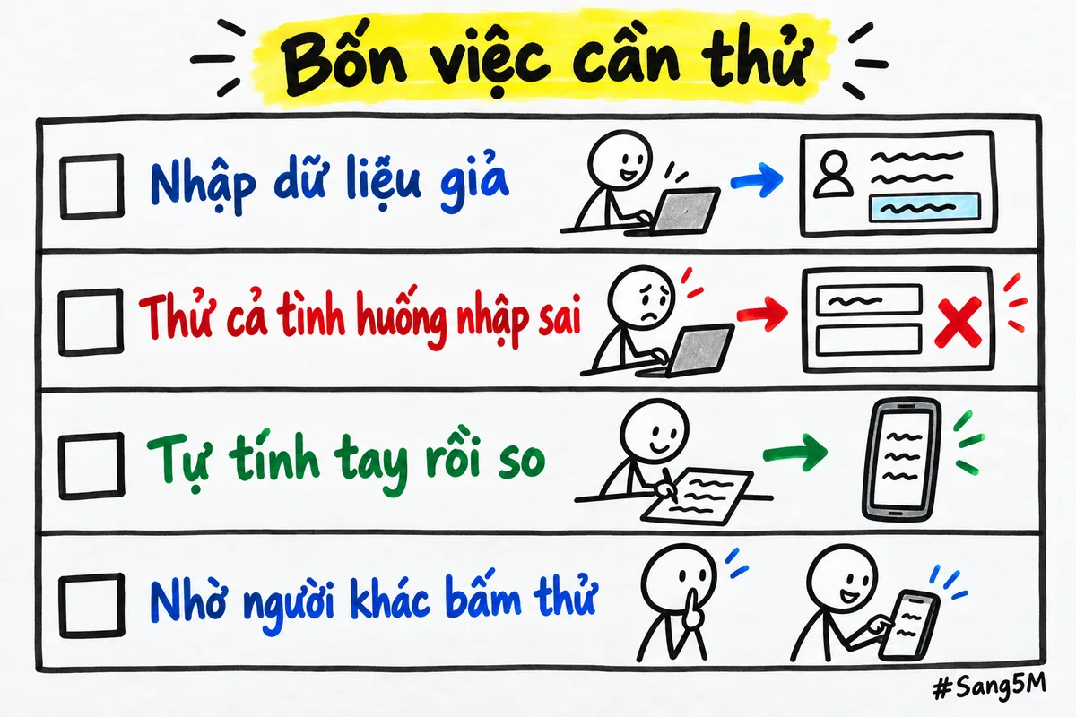 Bảng bốn việc cần thử trước khi dùng thật, mỗi việc một ô vuông đánh dấu