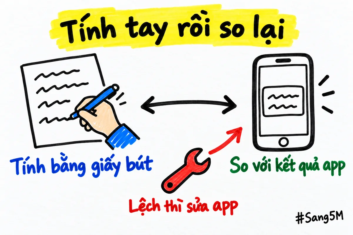 Hai kết quả đặt cạnh nhau, một tính bằng giấy bút, một do app trả về, nối bằng mũi tên