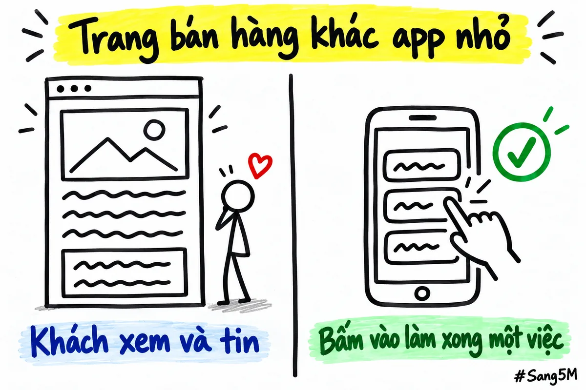 Hai cột so sánh trang bán hàng để khách xem và tin với app nhỏ để bấm làm xong việc