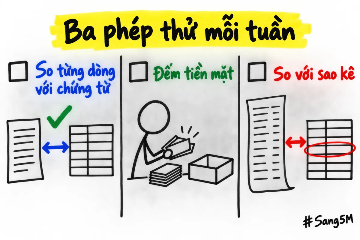 Mỗi tuần làm ba phép thử bằng tay là so từng dòng với chứng từ, đếm tiền mặt và so với sao kê của ngân hàng.