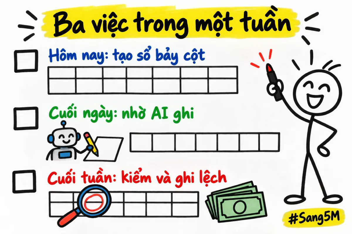 Ba việc bạn có thể thử: tạo sổ bảy cột, mỗi cuối ngày nhờ AI ghi, cuối tuần kiểm lại và ghi chỗ lệch.