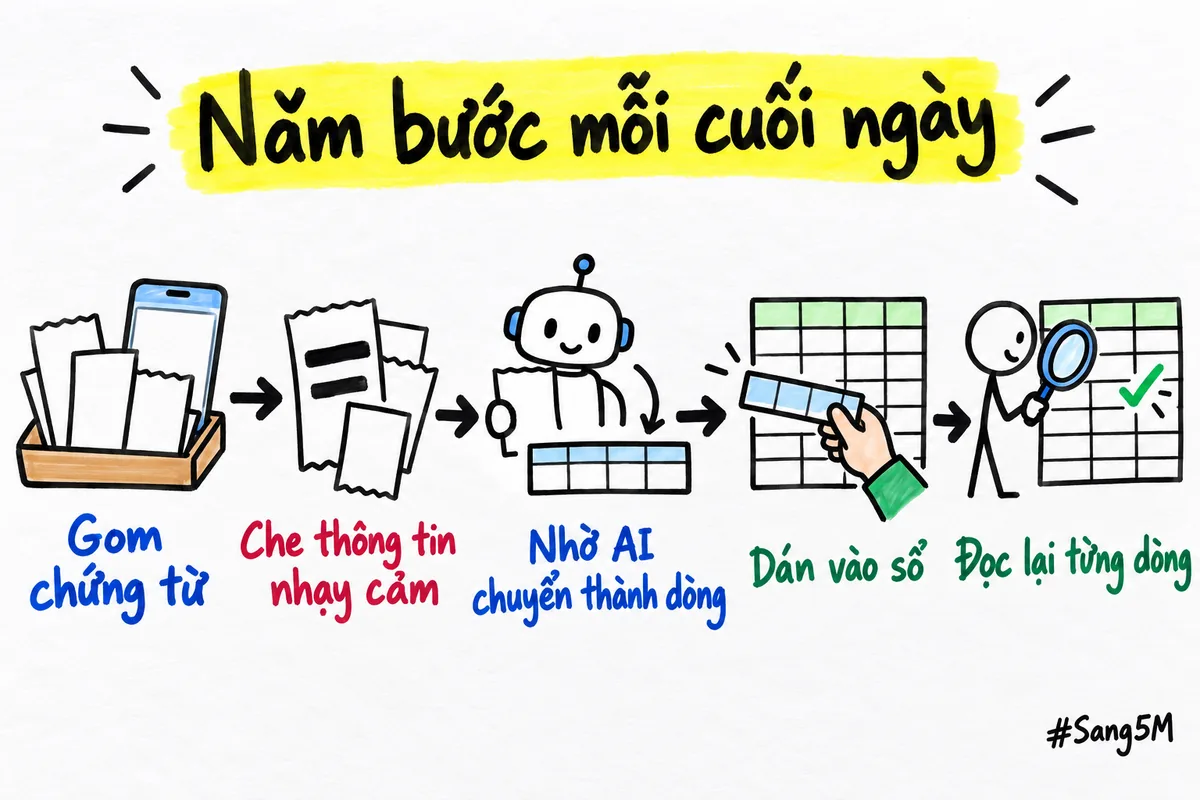 Năm bước làm mỗi cuối ngày, nối với nhau bằng mũi tên vẽ tay.
