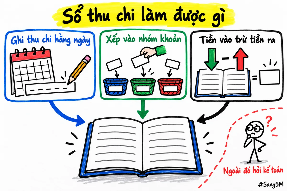 Ba việc một cuốn sổ thu chi làm được, vẽ thành ba khối đặt cạnh nhau.