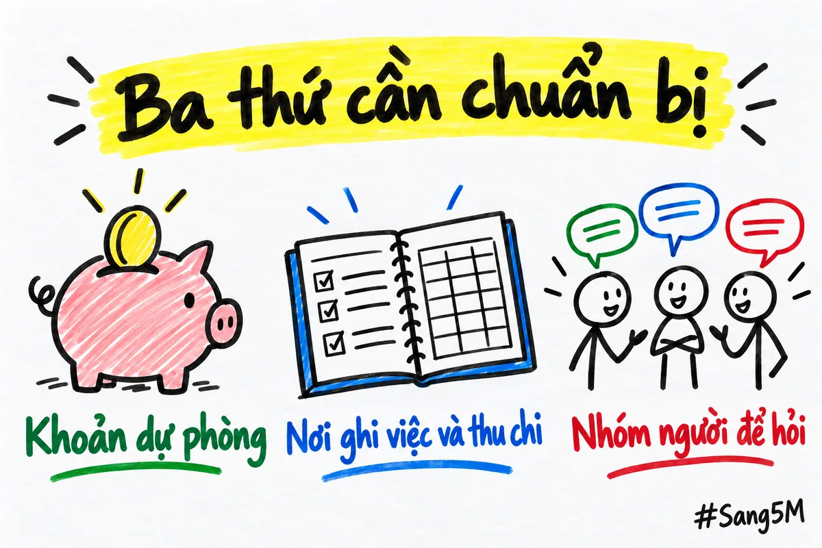 Ba món đồ đặt cạnh nhau: ống tiết kiệm, sổ ghi chép và nhóm người để hỏi khi bí